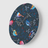 Grande Horloge Ronde Oiseaux vibrants : Gouache Dark Elegance (Angle)
