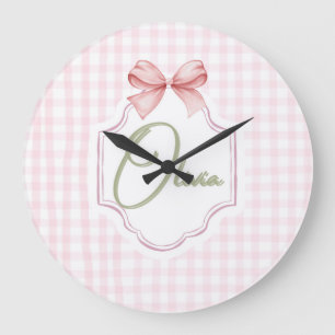 Grande Horloge Ronde Olivia Nœud Rose Personnalisé & Imprimé Vichy Rose