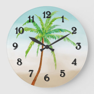 Grande Horloge Ronde Ombre de sable bleu de palmier tropical