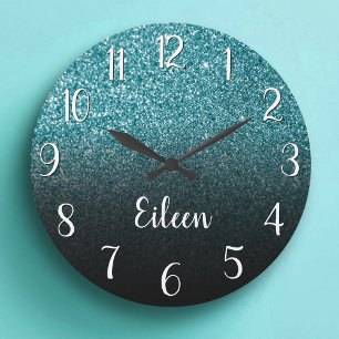 Grande Horloge Ronde Ombre noir pailleté sarcelle personnalisé féminin