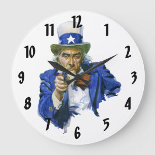 Grande Horloge Ronde Oncle Sam patriotique vintage avec chapeau à étoil
