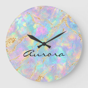 Grande Horloge Ronde Opale iridescente rêveuse Marbre doré brillant