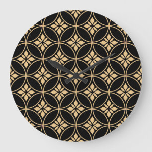 Grande Horloge Ronde Or et noir : Abstrait Floral Vintage