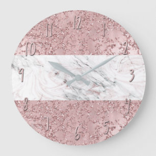 Grande Horloge Ronde Or rose Moderne Glam Marbre & Paillettes Décoratif