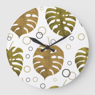 Grande Horloge Ronde Or tropical : aquarelle de feuille de monstère