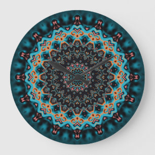Grande Horloge Ronde Orange bleu Turquoise noir Mandala Boho Art