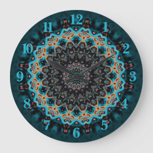 Grande Horloge Ronde Orange bleu Turquoise noir Mandala Boho Art