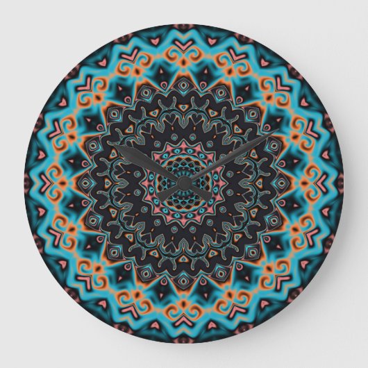 Grande Horloge Ronde Orange Blue Teal Black Mandala Boho Art (Recto)
