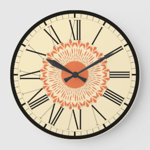 Grande Horloge Ronde Orange et jaune, "tournesol", conception géométr