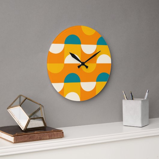 Grande Horloge Ronde Orange Jaune foncé Turquoise Bleu Vert Rétro Motif (Bureau)