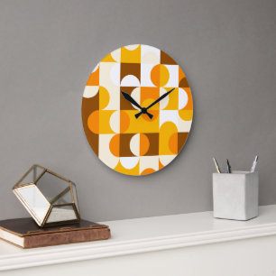 Grande Horloge Ronde Orange Summer Jaune foncé Brown Retro Art Motif