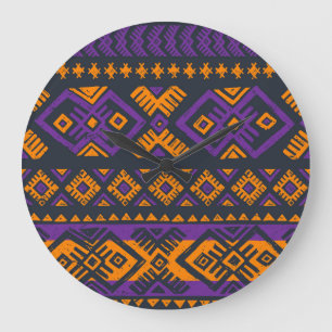 Grande Horloge Ronde Orange, violet tribale géométrique sans couture mo