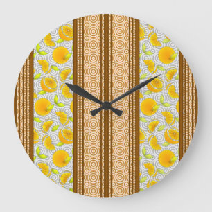 Grande Horloge Ronde Oranges Aquarelle Rayures et Cercles