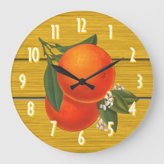 Grande Horloge Ronde Oranges rétro sur bois rustique avec cadence numér (Recto)