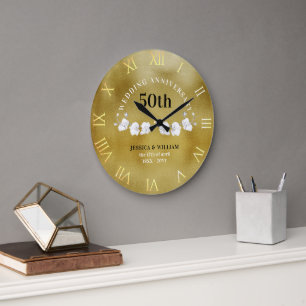 Grande Horloge Ronde Orchidées Blanches Gold Mariage Anniversaire Gardi