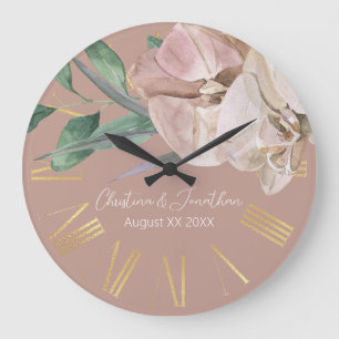 Grande Horloge Ronde Orchidées d'aquarelle romantique sur Dusty Blush