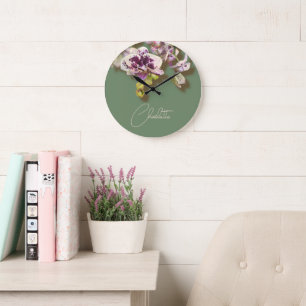 Grande Horloge Ronde Orchidées Fleurs tropicales Nom personnalisé