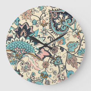 Grande Horloge Ronde Oriental Paisley : Elégance Textile Stylisée.