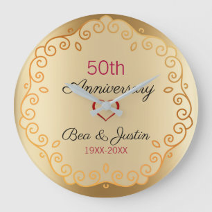 Grande Horloge Ronde Ornement Floral Or Et Beige