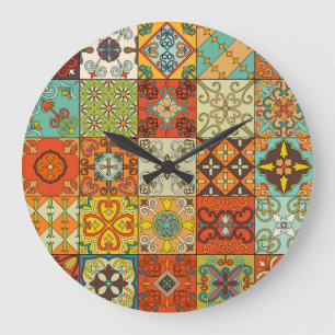 Grande Horloge Ronde Ornement vintage de talavera de mosaïque