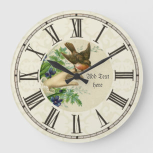 Grande Horloge Ronde Ornithologie vintage illustrée d'oiseaux Personnal