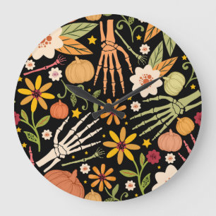 Grande Horloge Ronde Os d'Halloween, motif floral sans couture.