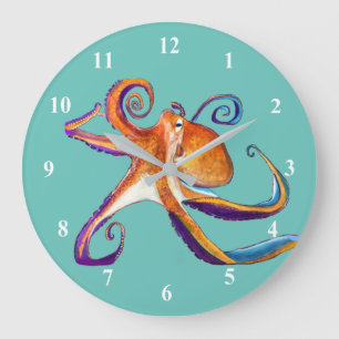 Grande Horloge Ronde Otopus vie marine aquarelle art