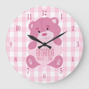 Grande Horloge Ronde Ours de nounours girly personnalisé avec le nom e