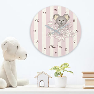 Grande Horloge Ronde Ours en peluche koala rose personnalisé pour la nu