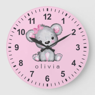 Grande Horloge Ronde Ours en peluche personnalisé Bébé Fille Rose