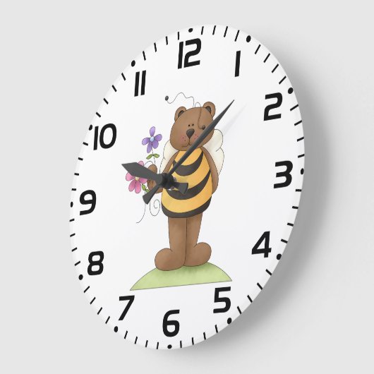 Grande Horloge Ronde Ours habillé en Bumblebee avec Fleurs (Angle)