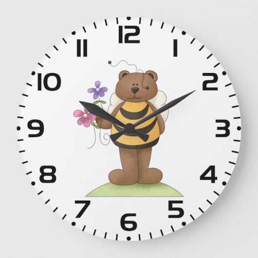 Grande Horloge Ronde Ours habillé en Bumblebee avec Fleurs (Recto)