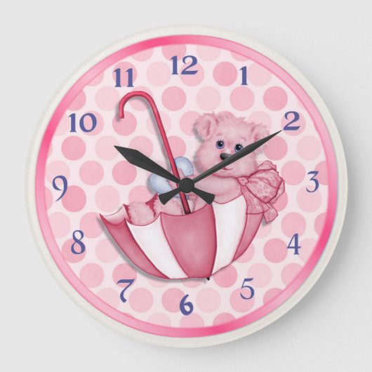 Grande Horloge Ronde Ours parapluie rose (Recto)