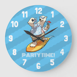 Grande Horloge Ronde Ours polaire surfant drôle party time ! Dessin ani
