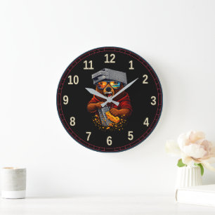 Grande Horloge Ronde Ours Rétro Avec Chapeau Râpe à Fromage et Lunettes