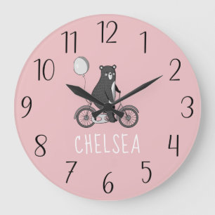 Grande Horloge Ronde Ours scandinave sur vélo Minimaliste rose