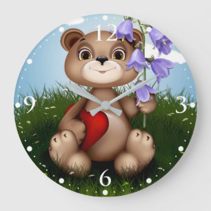 Grande Horloge Ronde Ours tenant un bouquet de fleurs-30926
