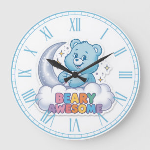 Grande Horloge Ronde Ourse Bleu Mignon Lune & Étoiles "Ours Extraordina