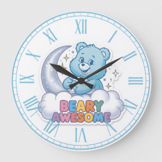 Grande Horloge Ronde Ourse Bleu Mignon Lune & Étoiles "Ours Extraordina