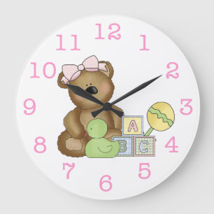 Grande Horloge Ronde Ourson en nœud papillon rose + hochet / canard pou