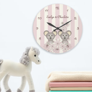 Grande Horloge Ronde Oursons Koalas Roses Personnalisés pour Jumelles