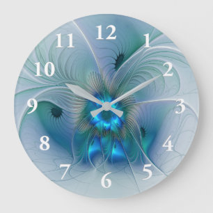 Grande Horloge Ronde Ovations debout, fractale bleue turquoise abstrait