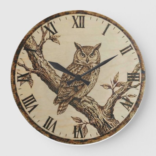 Grande Horloge Ronde Owl Wall Clock _ Wood-Burned Forest Style (Recto)