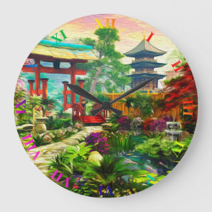 Grande Horloge Ronde Pagoda japonaise Sakura de jardin et cascade