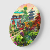 Grande Horloge Ronde Pagode Japonaise Sakura Et Cascade (Angle)