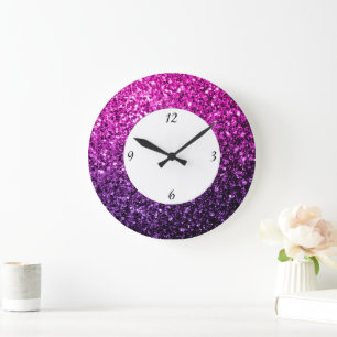 Grande Horloge Ronde Pailletés dégradé rose violet avec des chiffres