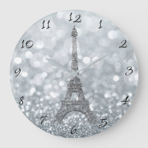 Grande Horloge Ronde Paillettes d'argent scintillent Paris Tour Eiffel 