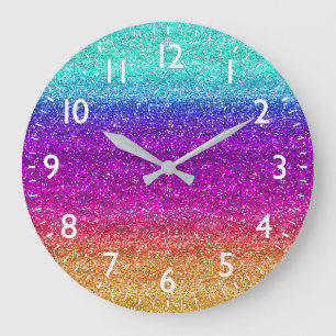 Grande Horloge Ronde Paillettes dégradé arc-en-ciel scintillant