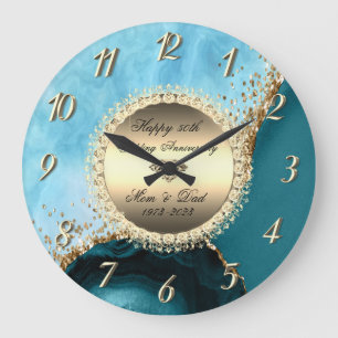 Grande Horloge Ronde Paillettes dorées Turquoise Marbre 50 ans de Maria