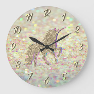Grande Horloge Ronde Paillettes élégantes Bokeh, licorne pailletée or